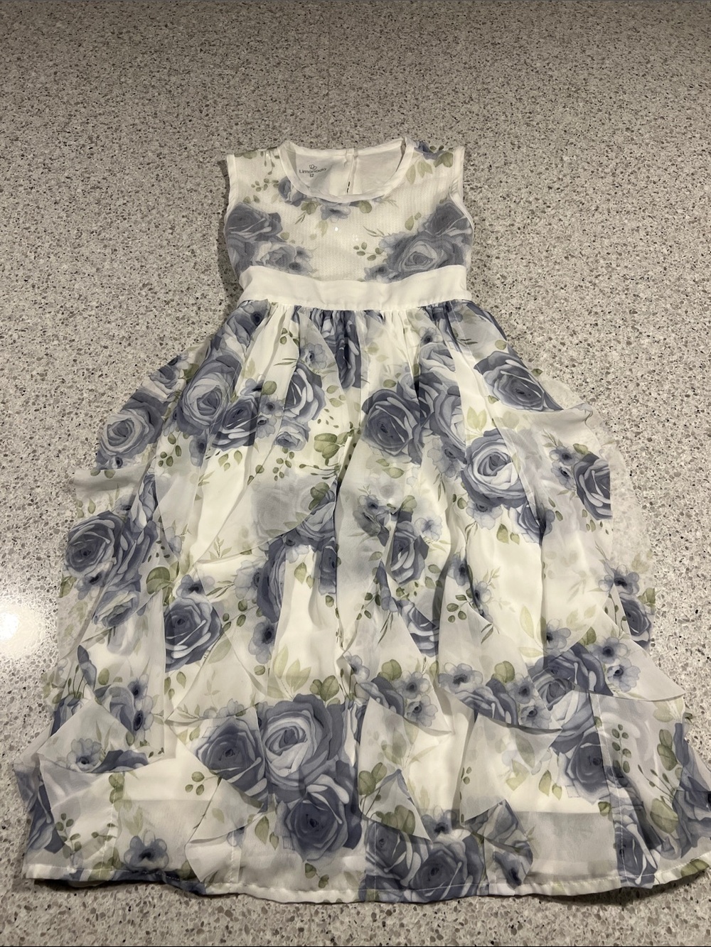 Sleeveless White Chiffon Girls' Dress with Blue Floral Print